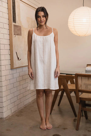 Carter Fundamental Linen Slip Dress - Off White w' Nutmeg Fine Stripe