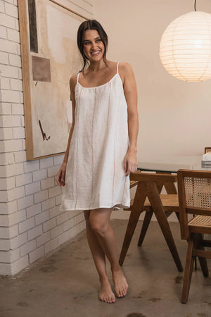 Carter Fundamental Linen Slip Dress - Off White w' Nutmeg Fine Stripe