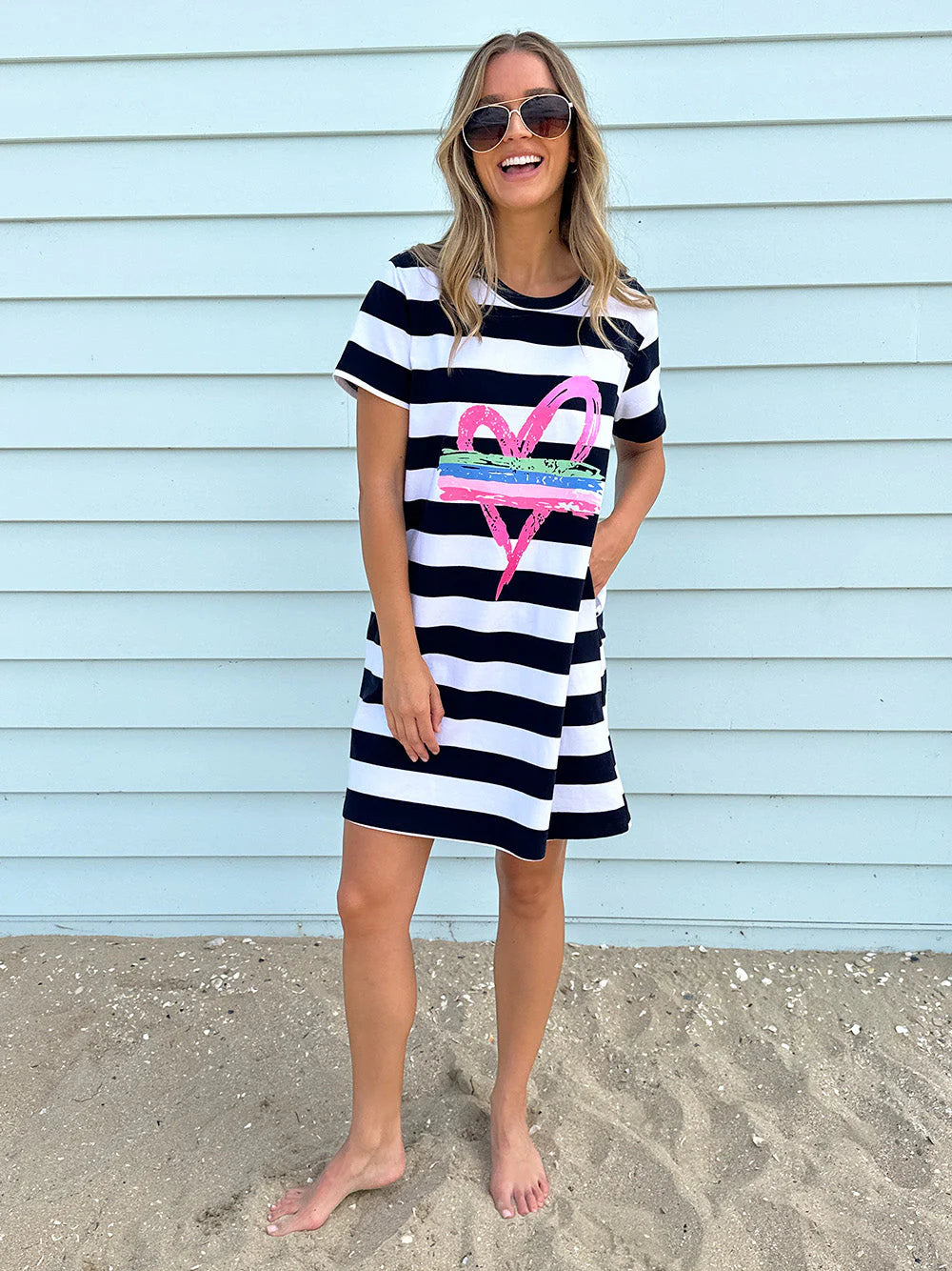 Heart Stripe Dress - Navy/White