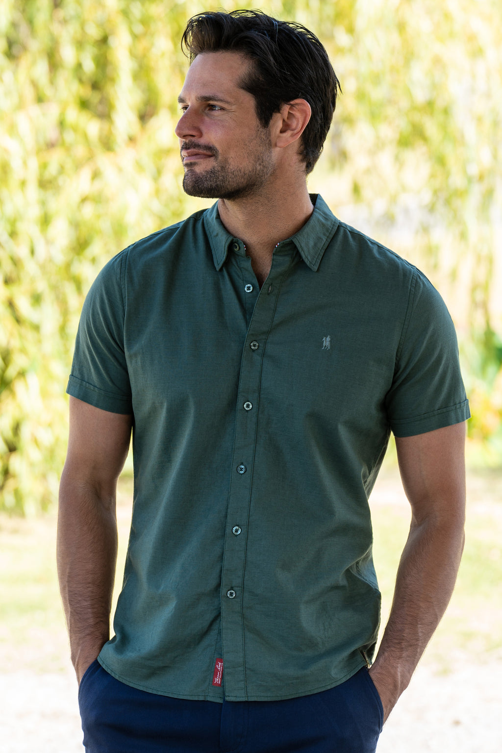 Men's Linen Tailored S/s Shirt- Green