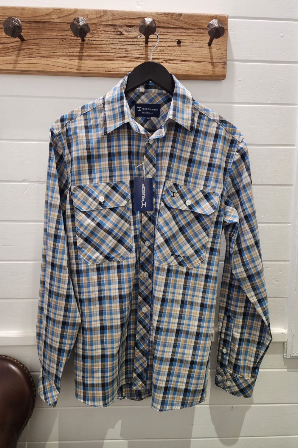 Men's Austin Full Button Print Shirt -Blue Khaki Plaid