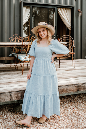 Sparrow Blue Stripe Puff Sleeve Tiered Maxi