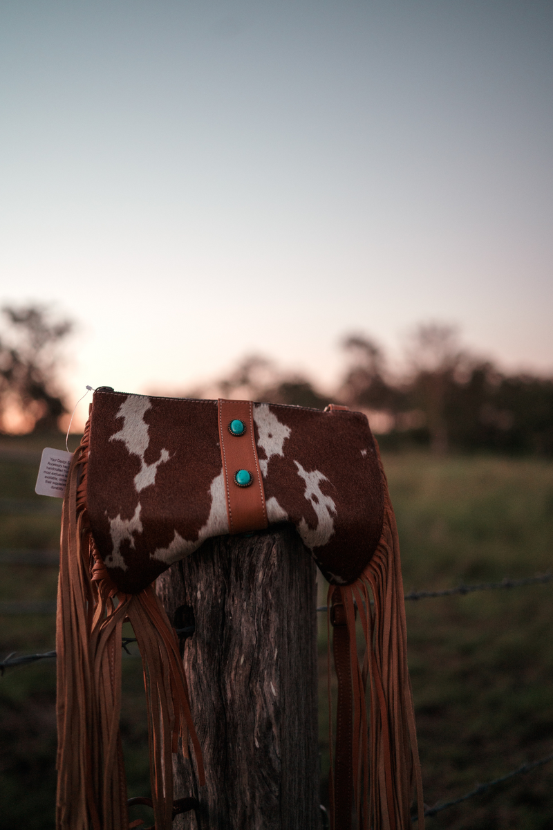 Cowhide Clutch Bag With Turquoise Stonework and Fringes