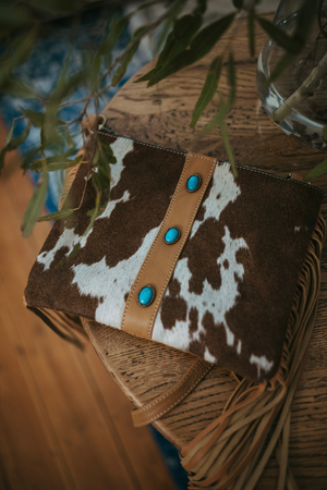 Cowhide Clutch Bag With Turquoise Stonework and Fringes