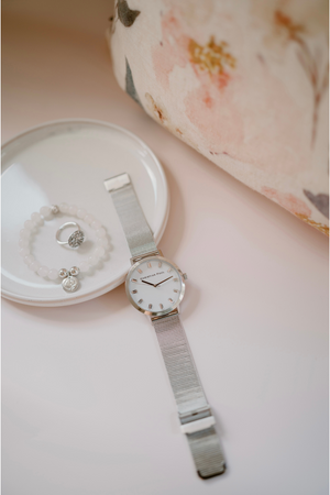 Luxe Crystal Grey Silver Mesh Band Watch