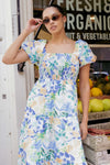 Raven Blue Orange Tropical Puff Sleeve Tiered Dress