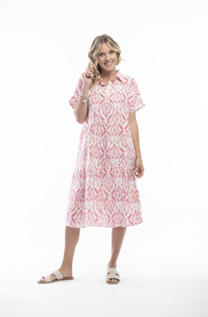 Ikat Pure Linen Dress Collar Midi Layers